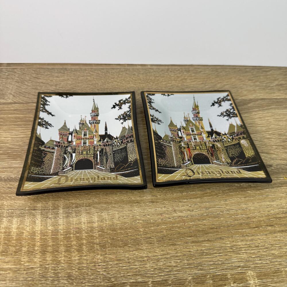 Vintage MCM Disneyland Castle Curved Black Glass Trinket Jewelry Tray Houze x 2